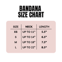 Dog Bandana Size Chart showing dimensions and sizes XS to L for an adjustable fit.