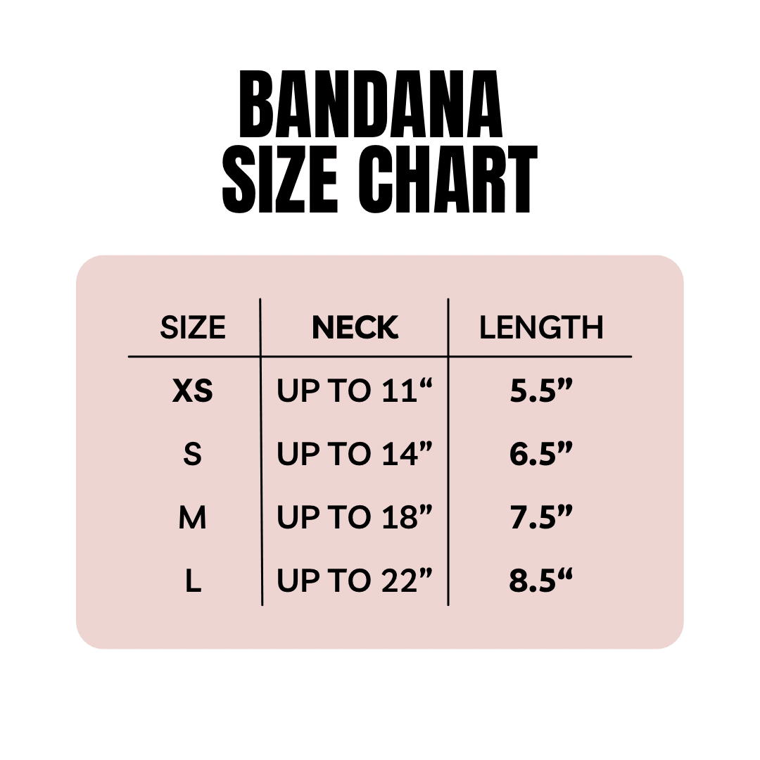Embroidered Dog Bandana Size Chart showing dimensions and sizes XS to L for adjustable fit.