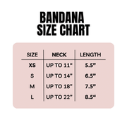 Embroidered Dog Bandana Size Chart showing dimensions and sizes XS to L for adjustable fit.
