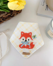 Embroidered Dog Bandana - Foxy with a cute fox design on yellow checked fabric, perfect for stylish pups.