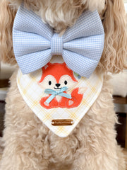 Embroidered Dog Bandana featuring a cute fox design and a blue bow tie, perfect for stylish pups.