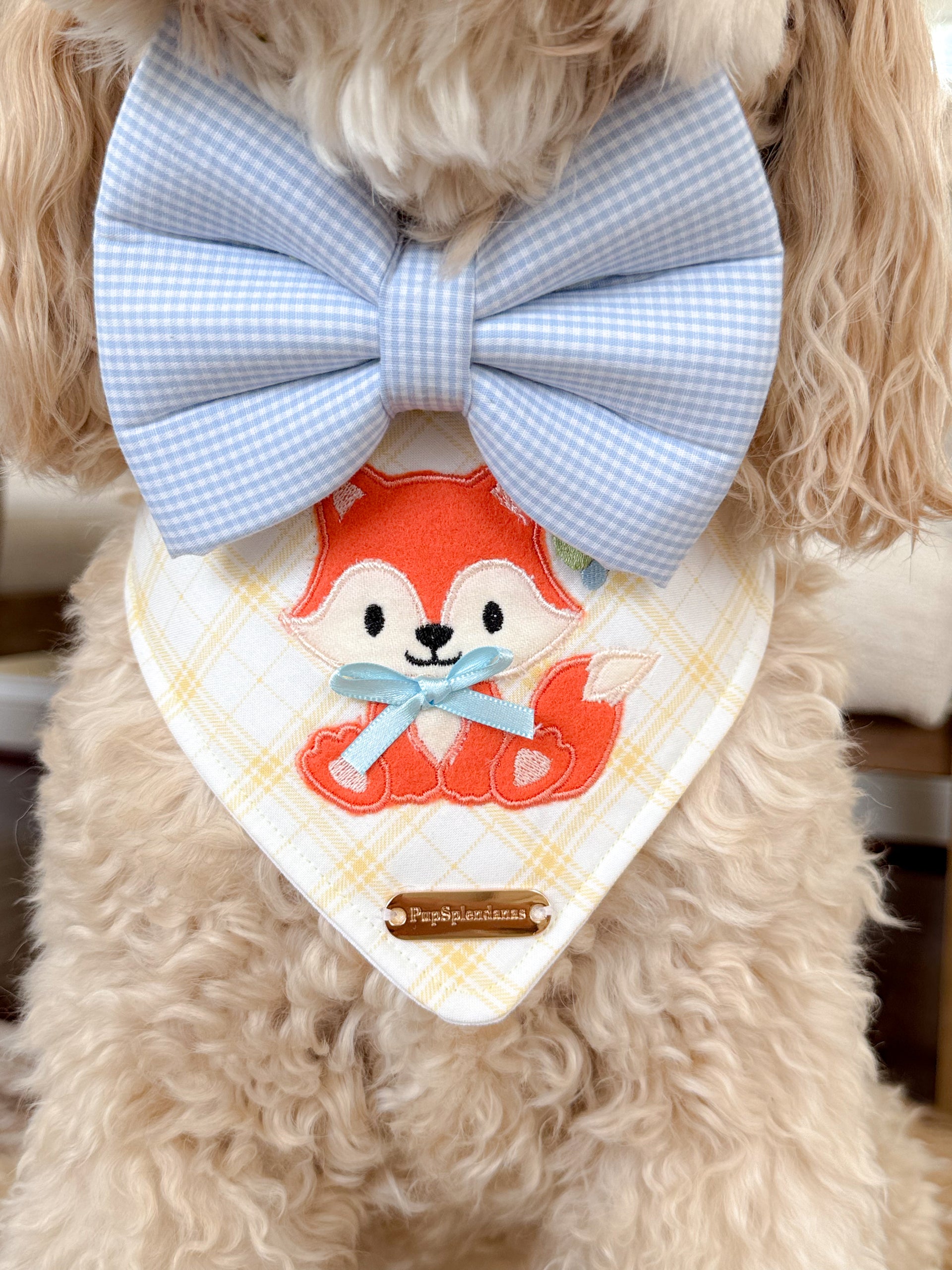 Embroidered Dog Bandana featuring a cute fox design and a blue bow tie, perfect for stylish pups.