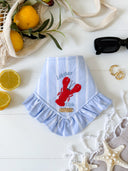 Dog Bandana featuring Lobster Club design with ruffled edges and blue striped fabric.