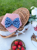 Dog Bandana - Stars and Stripes design with a blue bow tie on a picnic blanket with strawberries.