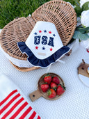 Dog Bandana with USA design, featuring stars and ruffles, displayed on a picnic setting with strawberries.