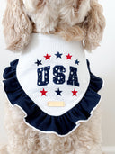 Dog Bandana featuring USA design with red, white, and blue stars and ruffled edges, perfect for your pup.