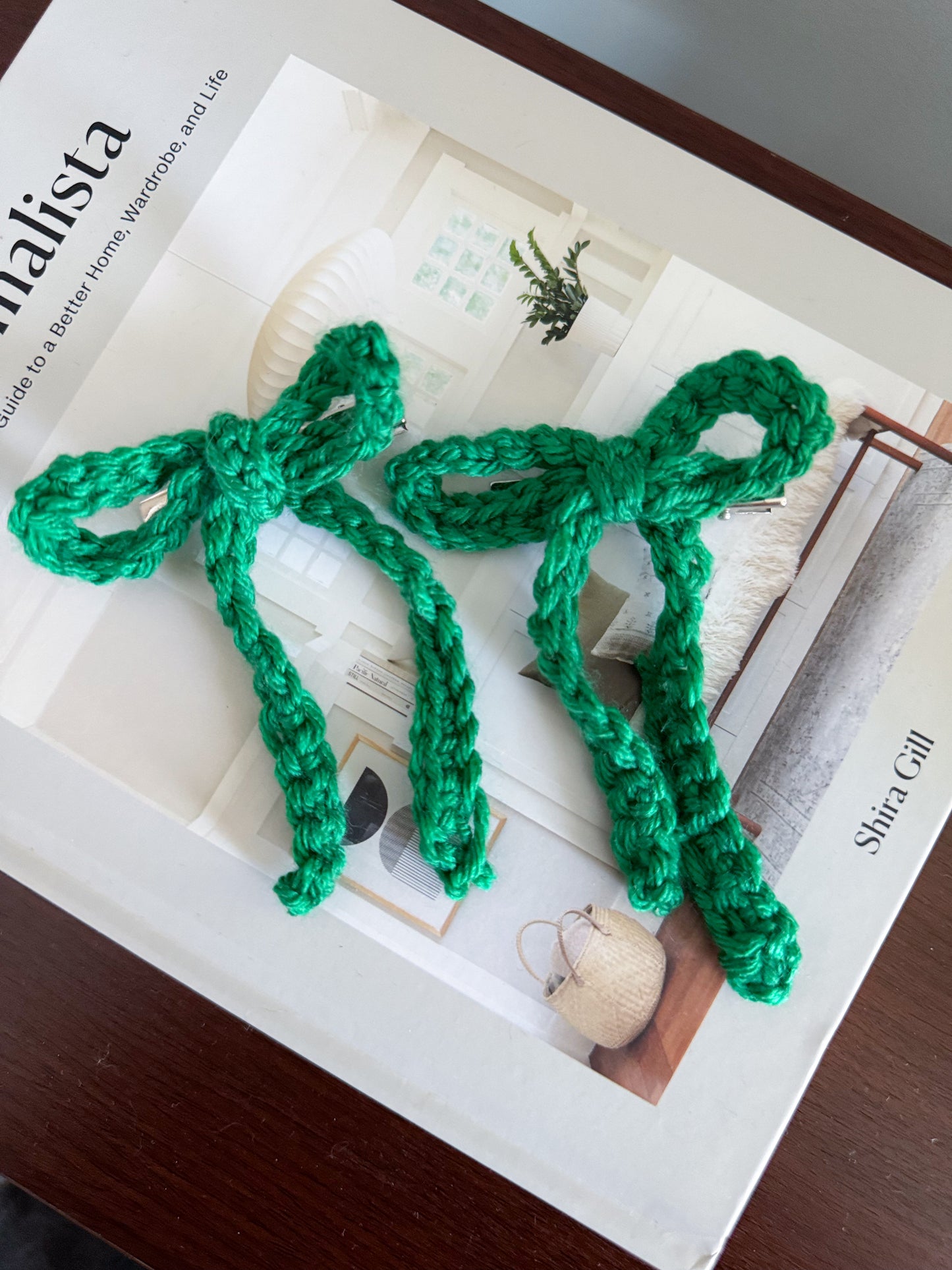 Green Yarn Hair Bows (Set of 2)